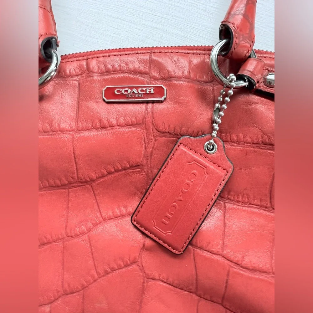 COACH Madison Crocodile Embossed Lindsey Satchel Coral Leather